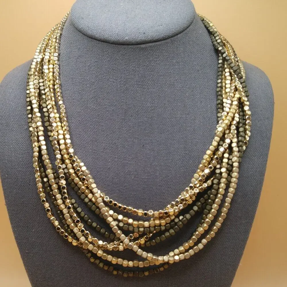Chico’s Multistrand Metallic Gold Cube Bead Necklace Layered Statement